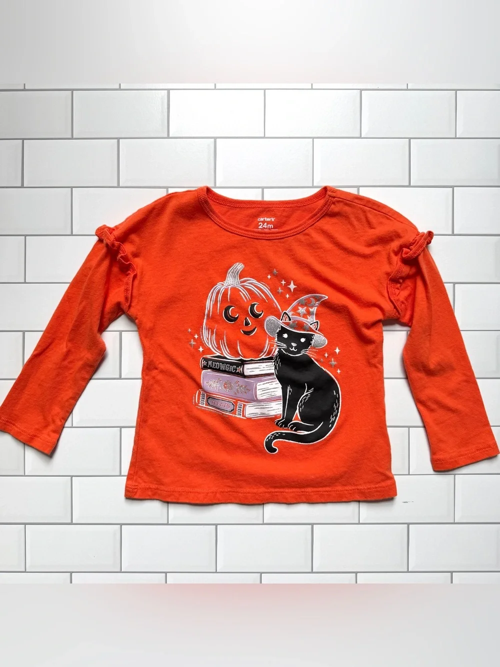 24M🎃 Carter’s Halloween Black Cat in Hat w/ Pumpkin Orange Flutter Long Sleeve T